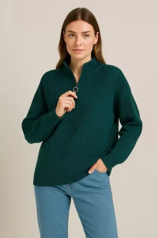 KADIN Yarım Fermuarlı Triko Kazak – Selanik Örgü, Dik Yaka, Pamuklu Dokuma, Oversize Uzun Kollu Kışlık Model - Haki - XL - Haki