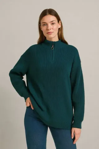 KADIN Yarım Fermuarlı Triko Kazak – Selanik Örgü, Dik Yaka, Pamuklu Dokuma, Oversize Uzun Kollu Kışlık Model - Haki - XL - Haki