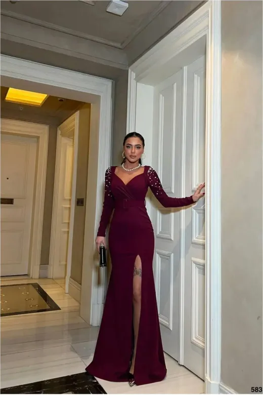 Kadın Yeni Sezon Kalp Yaka Taş Detaylı Maxi Abiye Elbise