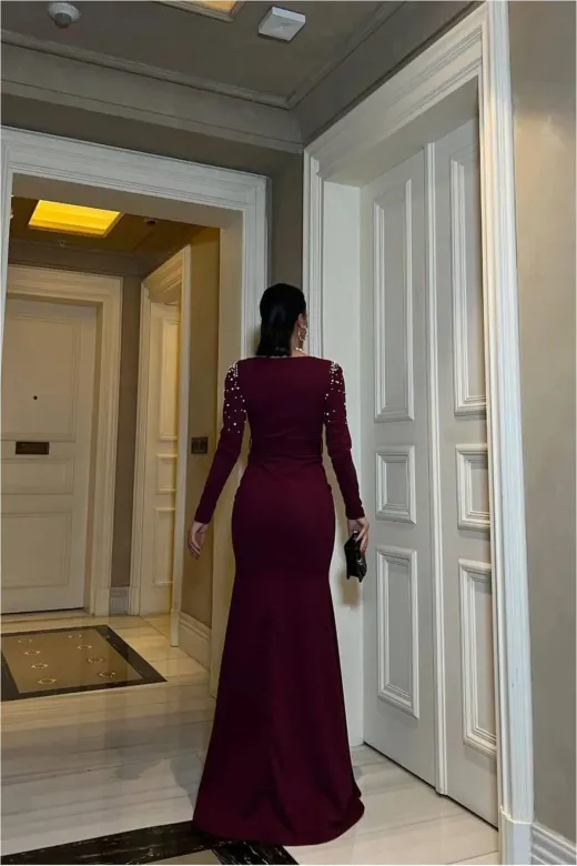 Kadın Yeni Sezon Kalp Yaka Taş Detaylı Maxi Abiye Elbise