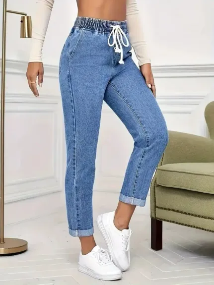 Kadın Yüksek Bel Bağcıklı Kot Pantolon - 2XL - Mavi