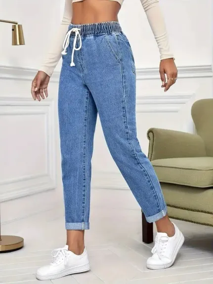 Kadın Yüksek Bel Bağcıklı Kot Pantolon - S - Mavi