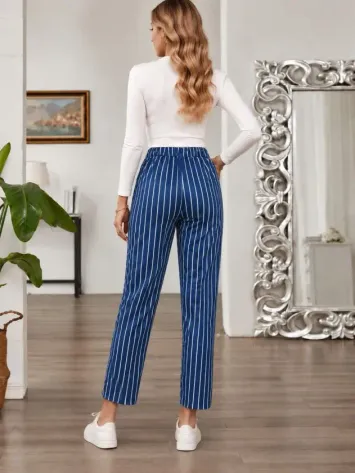 Kadın Yüksek Bel Bağcıklı Leopar Desenli Modal Pantolon - 2XL-3XL - Mavi