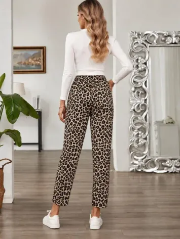 Kadın Yüksek Bel Bağcıklı Leopar Desenli Modal Pantolon - 2XL-3XL - Leopar