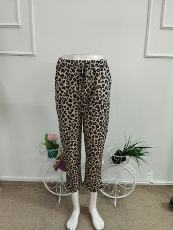 Kadın Yüksek Bel Bağcıklı Leopar Desenli Modal Pantolon - L-XL - Leopar
