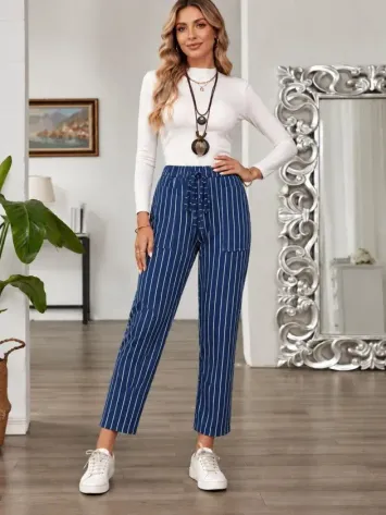 Kadın Yüksek Bel Bağcıklı Leopar Desenli Modal Pantolon - L-XL - Mavi