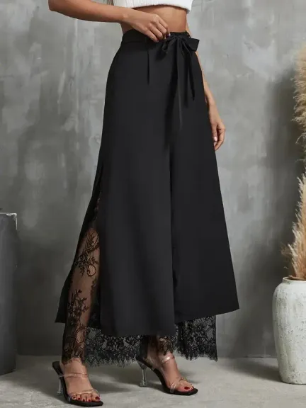 Kadın Yüksek Bel Belden Kuşaklı üst Dalgıç Alt Dantel Detaylı Dalgıç Pantolon - L-XL - Siyah