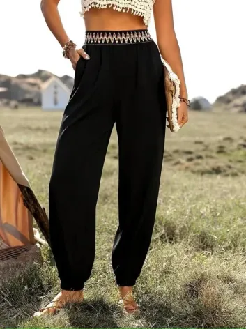 Kadın Yüksek Bel Beli Lastikli Dökümlü Ve Beli şeritli Pera Pantolon - S - Siyah