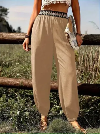 Kadın Yüksek Bel Beli Lastikli Dökümlü Ve Beli şeritli Pera Pantolon - S - Bej