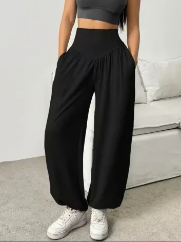 Kadın Yüksek Bel Büzgülü Cepli Geniş Kesim Viskon Iki Iplik Pantolon - L-XL - Siyah