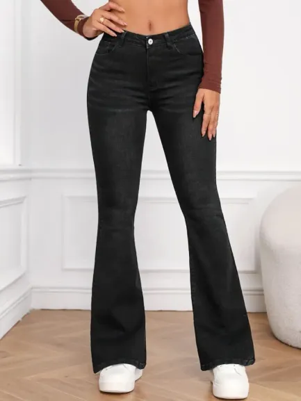 Kadın Yüksek Bel Cepli İspanyol Paçalı Kot Jeans Pantolon - 26 - Siyah