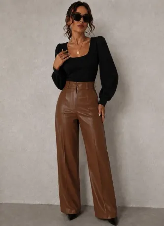 Kadın Yüksek Bel Cepli Paçaya Doğru Hafif Geniş Deri Pantolon - 2XL-3XL - Kahve