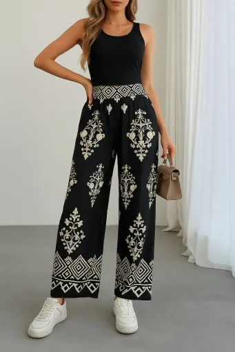 Kadın Yüksek Bel Desenli Lastikli Süprem Pantolon - 2XL-3XL - Siyah