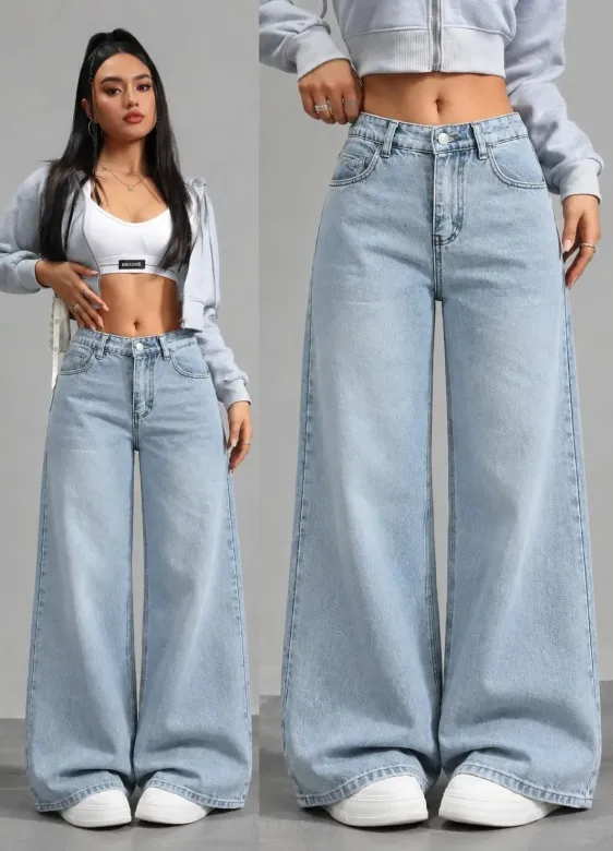 Kadın Yüksek Bel Geniş Paçalı Kot Pantolon - XL - Mavi
