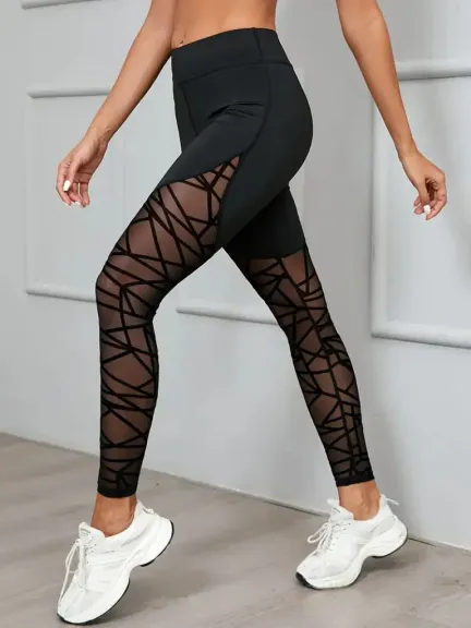 Kadın Yüksek Bel Geometrik Desen File Detaylı Dalgıç Tayt - 2XL-3XL - Siyah