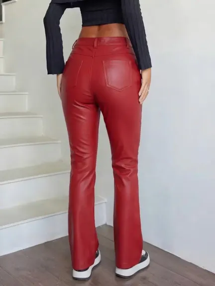 Kadın Yüksek Bel Hafif Paçaya Doğru Geniş Deri Pantolon - XL - Kırmızı