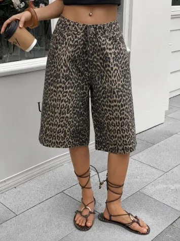 Kadın Yüksek Bel Leopar Desen Detaylı Kısa Kot şort - L - Leopar