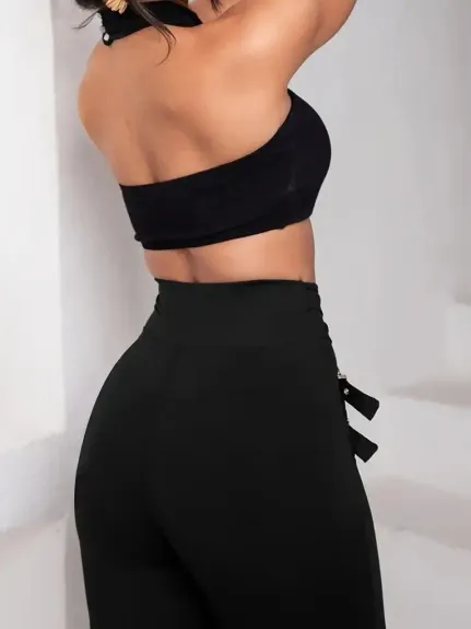 Kadın Yüksek Bel önden çapraz Kuş Göz Detaylı Dalgıç Tayt - L-XL - Siyah