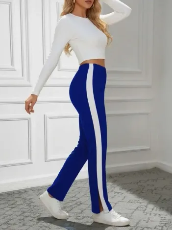 Kadın Yüksek Bel Yan şerit Detaylı Yırtmaçlı Viskon Iki Iplik Pantolon - 2XL-3XL - Lacivert
