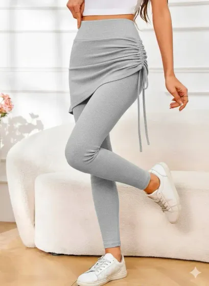 Kadın Yüksek Bel Yandan Büzgülü Alttan Uzun Kaşkorse Tayt Etek - 2XL-3XL - Gri