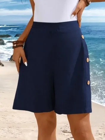 Kadın Yüksek Bel Yandan Düğme Detaylı Kısa Pera şort - 2XL - Lacivert