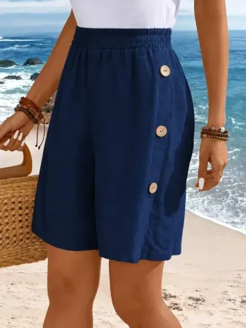 Kadın Yüksek Bel Yandan Düğme Detaylı Kısa Pera şort - 3XL - Lacivert