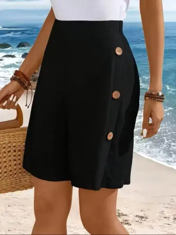 Kadın Yüksek Bel Yandan Düğme Detaylı Kısa Pera şort - 3XL - Siyah