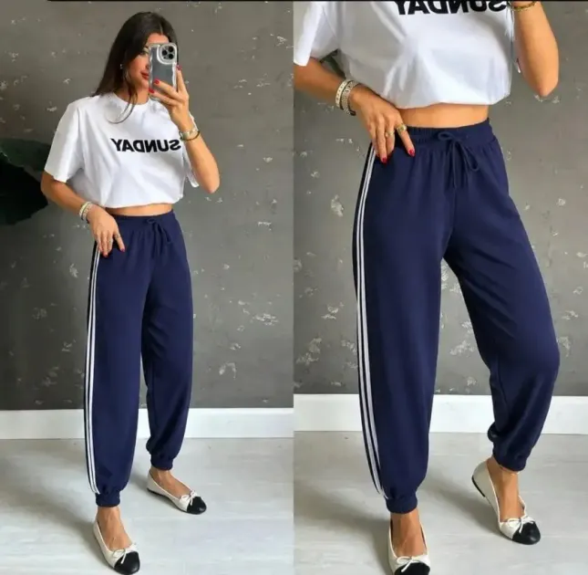 Kadın Yüksek Bel Yanı şerit Detaylı Viskon Iki Iplik Eşofman Altı - L-XL - Antrasit