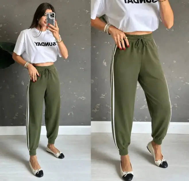 Kadın Yüksek Bel Yanı şerit Detaylı Viskon Iki Iplik Eşofman Altı - L-XL - Haki