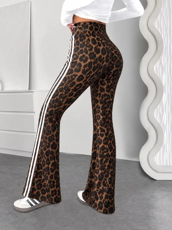 Kadın Yüksek Belli Yandan şerit Detaylı Leopar Desenli Dalgıç Tayt - 2XL-3XL - Leopar