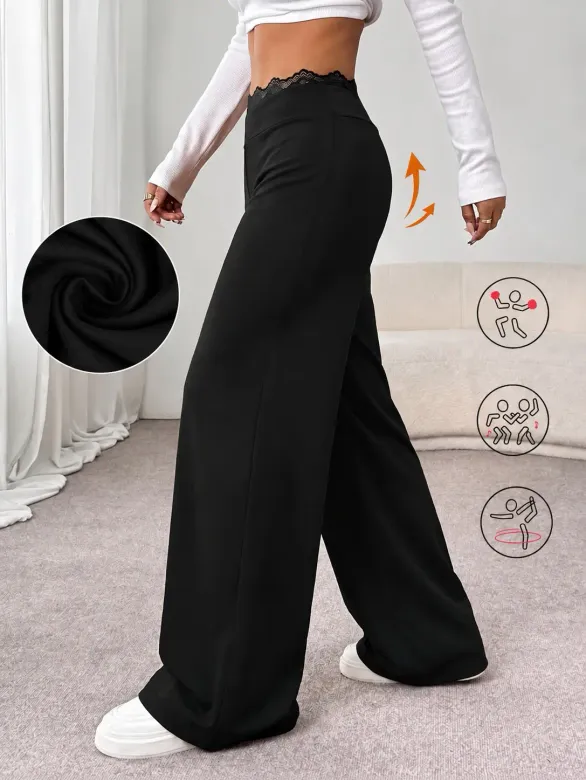 Kadın Yüksekbel Dantelli Paçaya Doğru Geniş Modal Pantolon - L-XL - Siyah