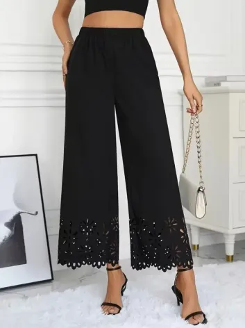 Kadın Yüksel Bel Beli Lastıklı çiçek Desenli Lazer Kesım Detaylı Ithal Krep Pantolon - L-XL - Siyah