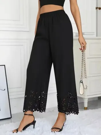 Kadın Yüksel Bel Beli Lastıklı çiçek Desenli Lazer Kesım Detaylı Ithal Krep Pantolon - L-XL - Siyah