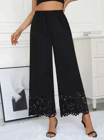 Kadın Yüksel Bel Beli Lastıklı çiçek Desenli Lazer Kesım Detaylı Ithal Krep Pantolon - L-XL - Siyah