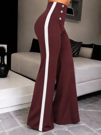 Kadın Yüksel Bel Düğmeli Yandan şerit Detaylı Paçaya Doğru Genişleyen Ithal Krep Pantolon - L-XL - Pembe