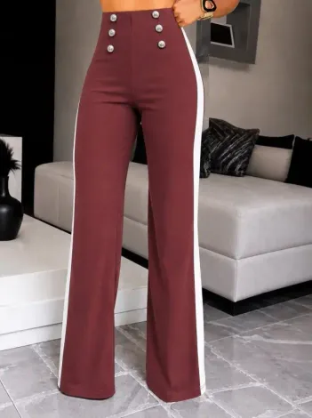 Kadın Yüksel Bel Düğmeli Yandan şerit Detaylı Paçaya Doğru Genişleyen Ithal Krep Pantolon - L-XL - Pembe