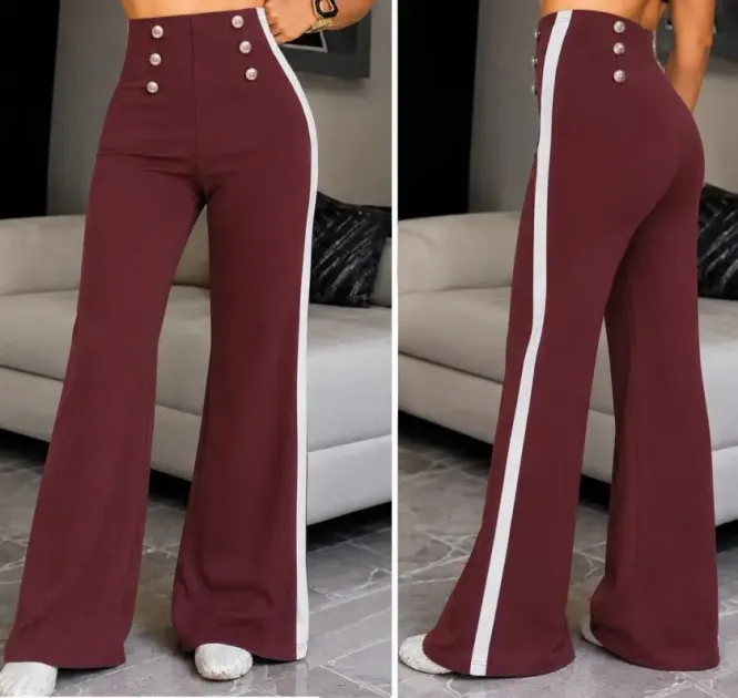 Kadın Yüksel Bel Düğmeli Yandan şerit Detaylı Paçaya Doğru Genişleyen Ithal Krep Pantolon - 2XL-3XL - Pembe