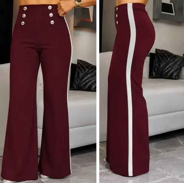 Kadın Yüksel Bel Düğmeli Yandan şerit Detaylı Paçaya Doğru Genişleyen Ithal Krep Pantolon - 2XL-3XL - Bordo