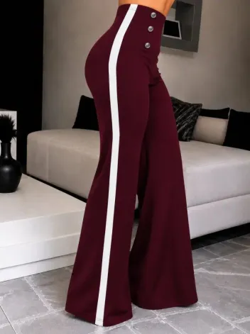 Kadın Yüksel Bel Düğmeli Yandan şerit Detaylı Paçaya Doğru Genişleyen Ithal Krep Pantolon - 2XL-3XL - Bordo