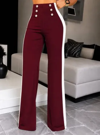 Kadın Yüksel Bel Düğmeli Yandan şerit Detaylı Paçaya Doğru Genişleyen Ithal Krep Pantolon - 2XL-3XL - Bordo