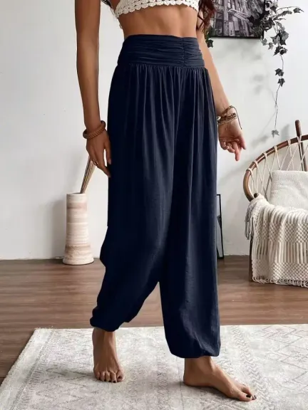 Kadın Yüksel Bel Yoğun Büzgü Detaylı Aerobin Pantolon - 2XL-3XL - Lacivert