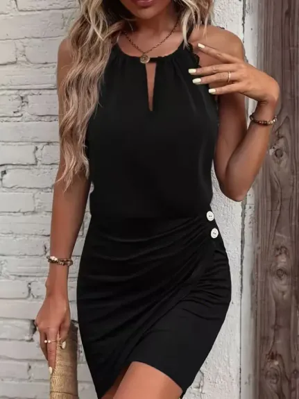 Kadın Yuvarlak Yakalı Arkadan Bağlamalı Düğme Detaylı Asimetrik Kesim Detaylı Kısa Viskon Elbise - 2XL-3XL - Siyah