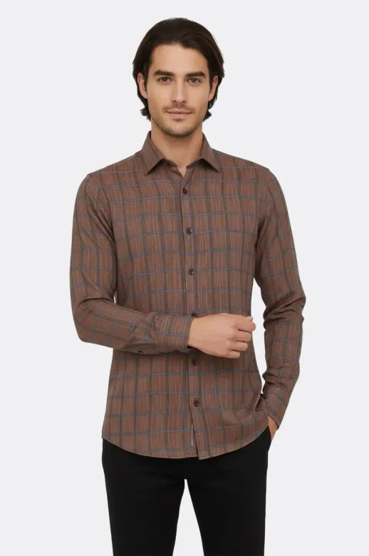 Kahverengi Kareli Slim-Fit Gömlek - Wessi - 3XL / Kahverengi
