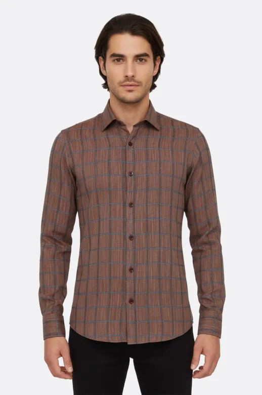 Kahverengi Kareli Slim-Fit Gömlek - Wessi - XXL / Kahverengi