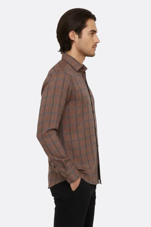 Kahverengi Kareli Slim-Fit Gömlek - Wessi - XXL / Kahverengi