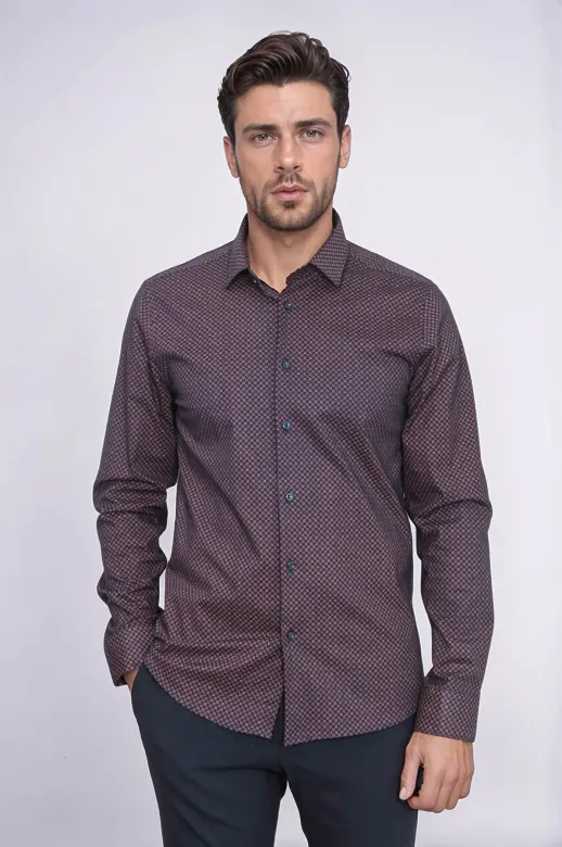 Kahverengi Mini Kare Desenli Slim Fit Gömlek - Wessi - L / Kahverengi