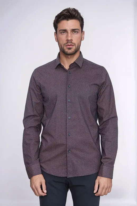 Kahverengi Mini Kare Desenli Slim Fit Gömlek - Wessi - L / Kahverengi