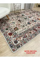 Kahverengi Renk  Vintage Çiçekli Lateks Kaymaz Taban Halı
