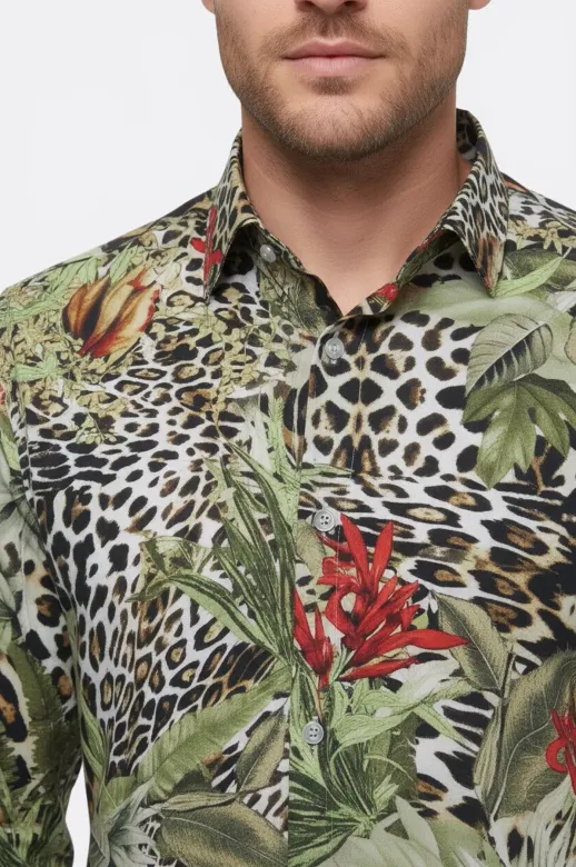 Kaplan Desenli Slim Fit Uzun Kollu Renkli Erkek Gömlek - Wessi - XL / Siyah
