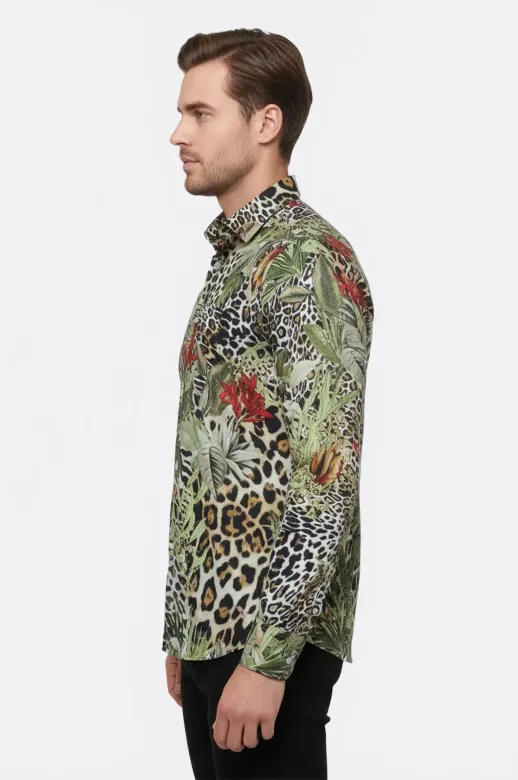 Kaplan Desenli Slim Fit Uzun Kollu Renkli Erkek Gömlek - Wessi - M / Siyah